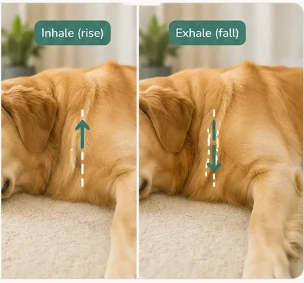 Two side by side photos of a resting dog's chest rising and then falling.