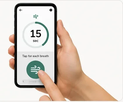 A hand tapping a phone showing a fifteen second timer while counting breaths.