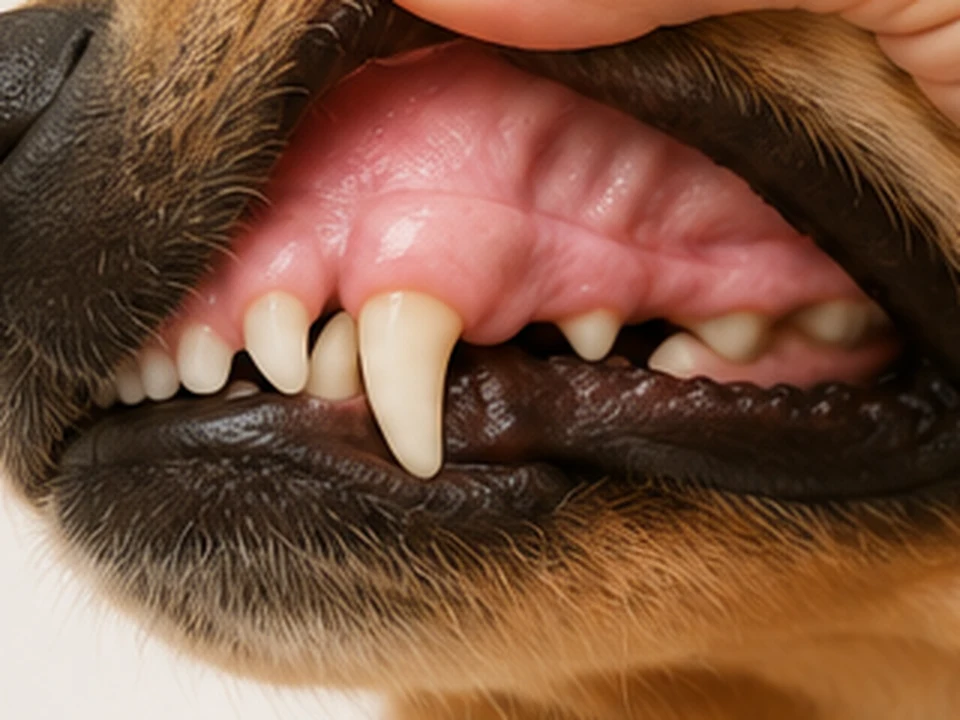 A close-up of a dog's healthy pink gum above the upper teeth.