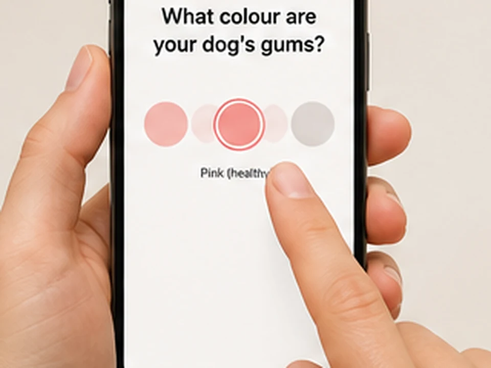 A finger tapping a pink gum colour swatch in the VitalPaw app on a phone.