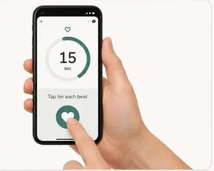A hand tapping a phone showing a fifteen second timer while counting beats.