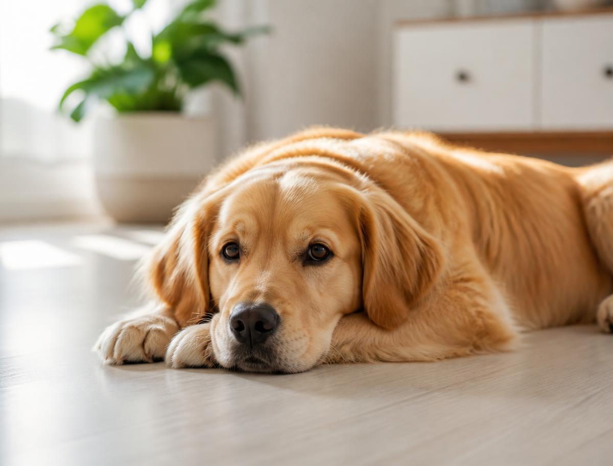 A golden retriever resting calmly on a living room floor