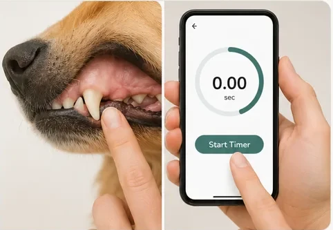 A finger lifting off the gum next to a phone showing a timer ready to start.