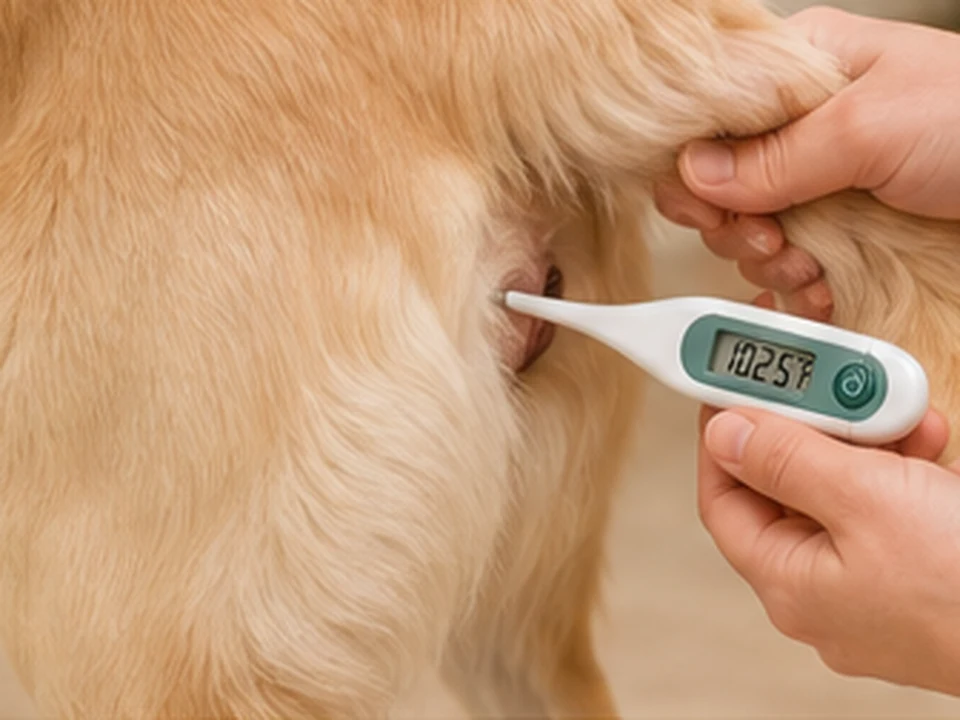 Hands gently using a digital thermometer on a golden retriever held steady.
