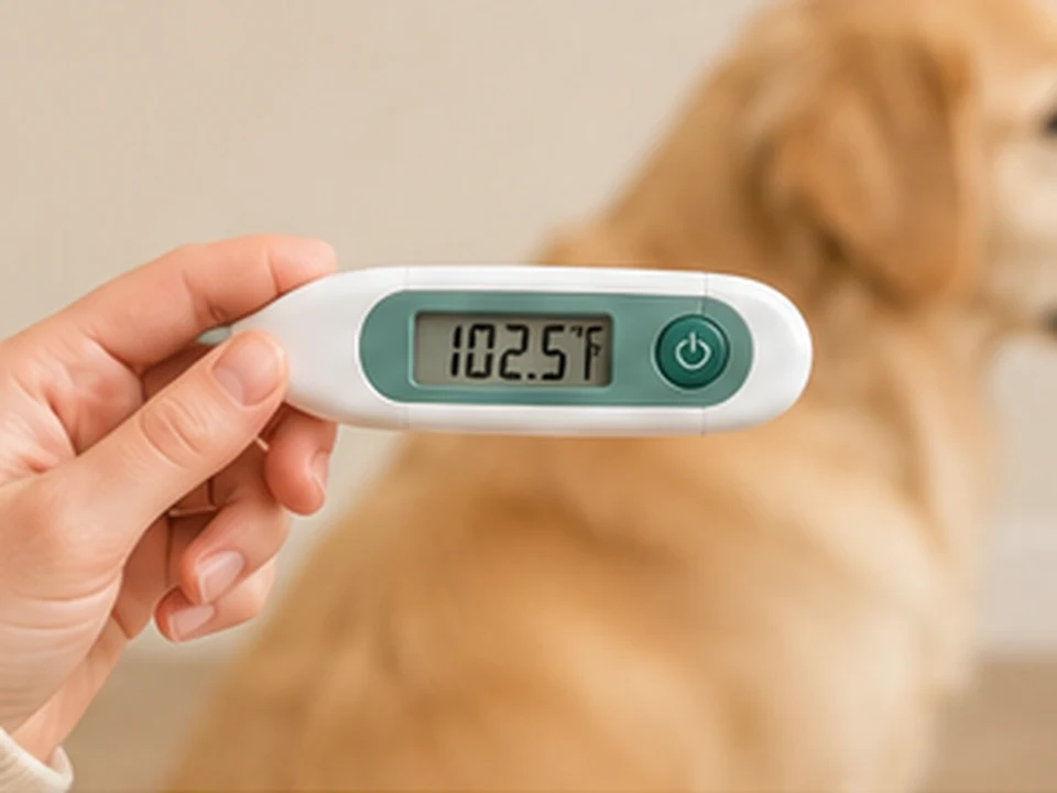 A hand holding up a digital thermometer to read the temperature beside a dog.